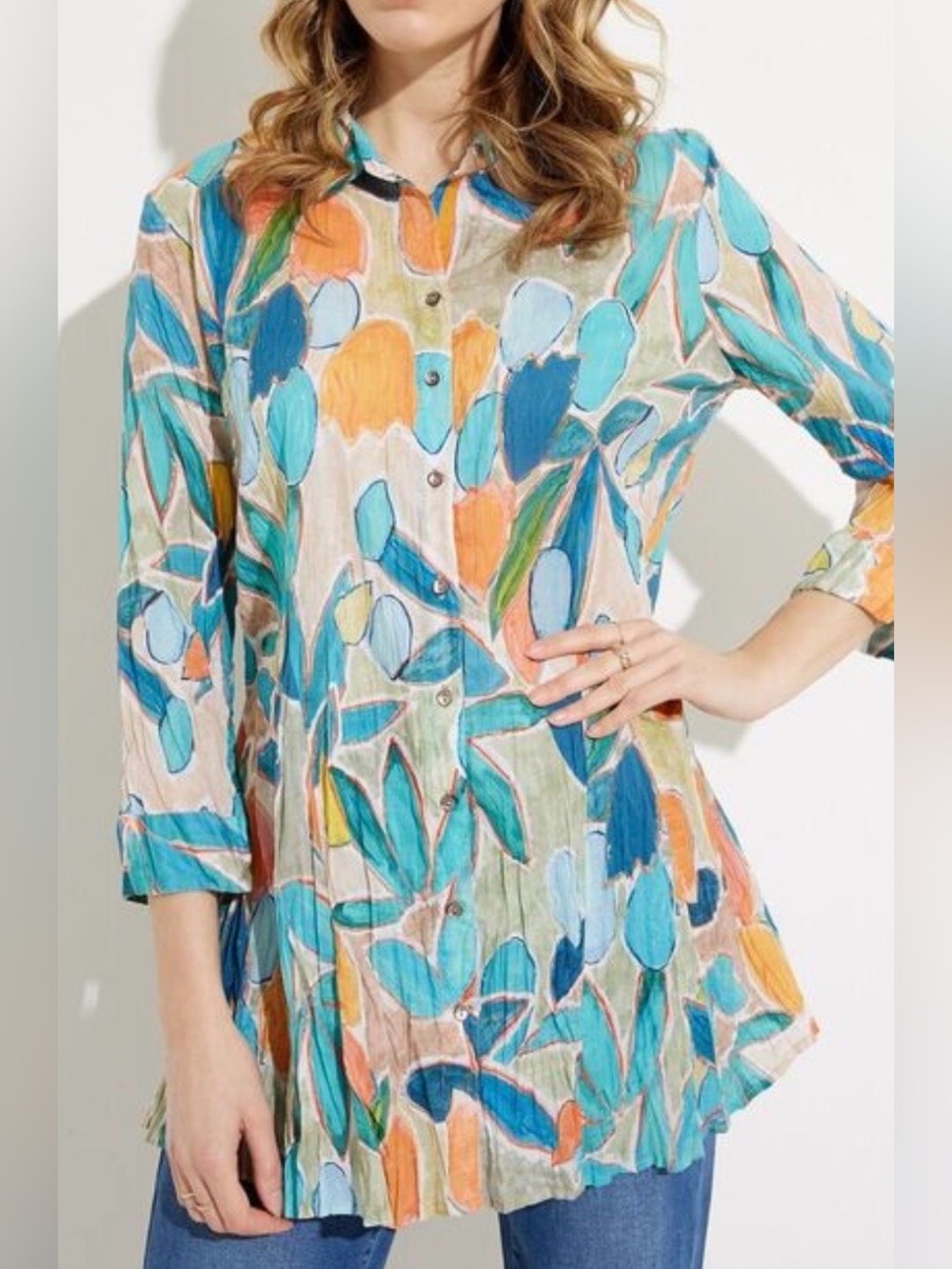NIC+ZOE Medium 100% Cotton Abstract Floral Crinkle Button Front Tunic Dress